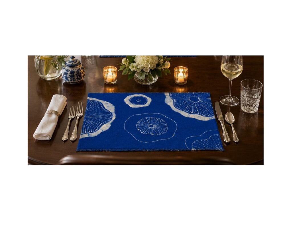 Handmade Cotton Placemat | Indigo Batik Table Mat | Lotus Table Decor